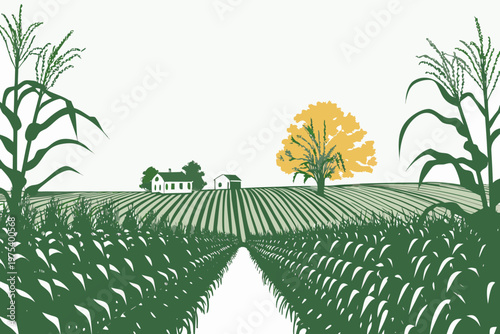 A stylized illustration of a rural landscape with fields and farmhouses