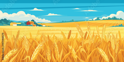 Golden wheat field with small farm buildings under a bright blue sky