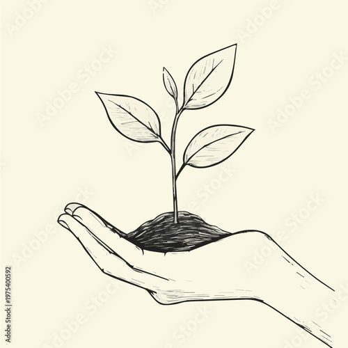 A hand gently cradles a small green plant growing from fertile soil, symbolizing growth and care for nature.