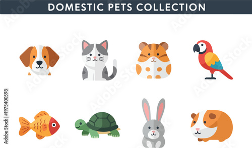 Collection of adorable domestic pet illustrations including a dog, cat, hamster, parrot, fish, turtle, rabbit, and guinea pig