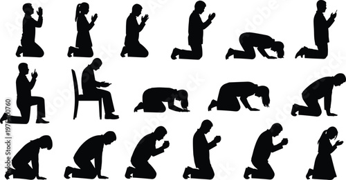 Collection of people praying in various kneeling positions, black silhouette set illustrating religion, faith, worship, spirituality, meditation, devotion, and humility isolated on white background