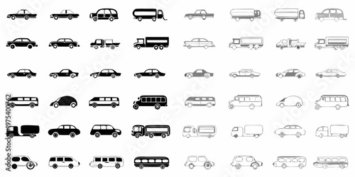 Collection of simplistic black vehicle icons including cars trucks and vans