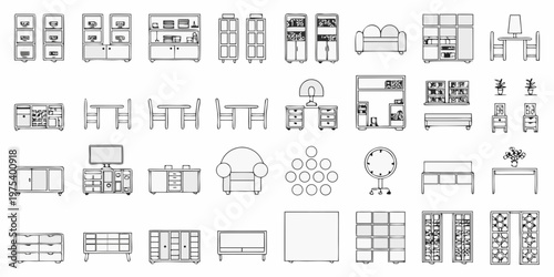 Blueprint style top down view of various furniture pieces arranged neatly
