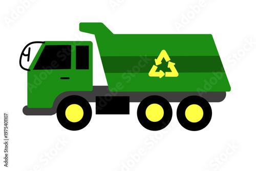 Large green garbage truck with yellow recycle symbol for urban waste collection services