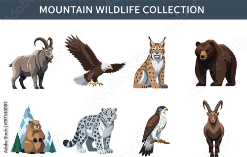 Collection of Mountain Wildlife Animals featuring an Eagle, Bear, Lynx, and Ibex