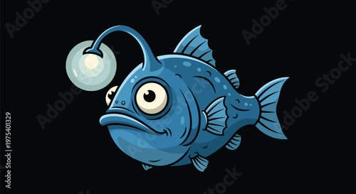 Cute Blue Angler Fish Pixel Art Isolated On Black Background