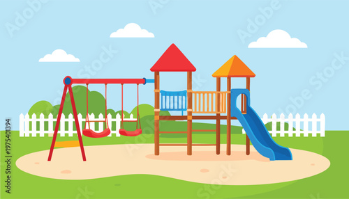 vector Colorful Playground Equipment with Swings and Slide in a Park