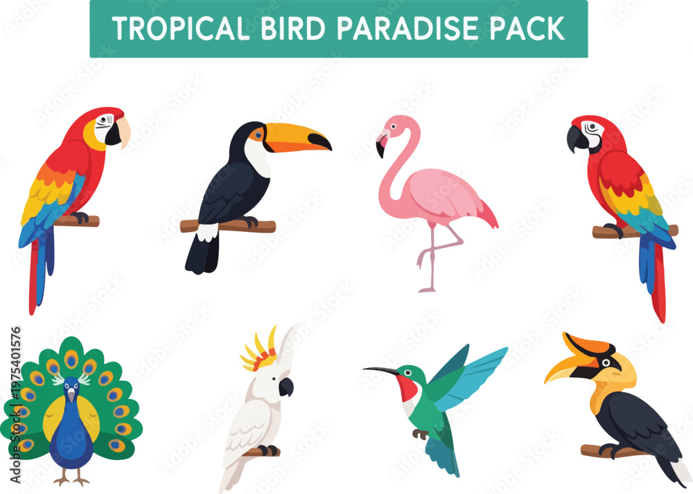 Fototapeta premium Vibrant Collection of Tropical Birds Including Macaws, Toucans, Flamingos, Parrots, Peacocks, Cockatoos, Hummingbirds, and Hornbills