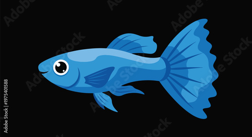 Cute Blue Guppy Fish Pixel Art Vector Illustration On Black Background