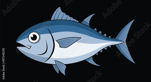 Cute Pixel Art Blue Tuna Fish Isolated Object On Black Background