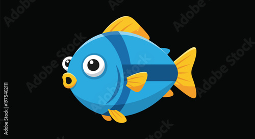 Cute Pixel Art Blue Fish With Yellow Fins Isolated On Black Background
