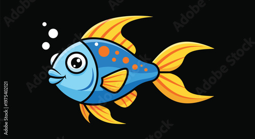 Cute Pixel Art Blue Fish With Yellow Fins Isolated On Black Background