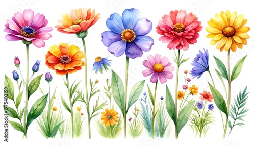 Colorful watercolor flowers, arranged on a white background