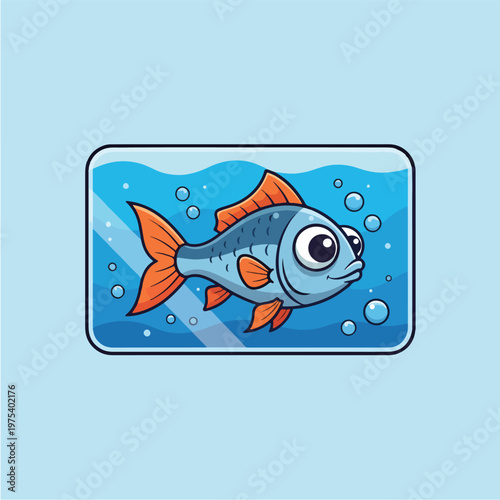 Cute Pixel Art Fish In A Small Blue Water Aquarium Isolated Object