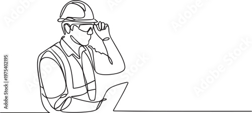 Construction Engineer Line Art Worker With Helmet Safety Vest Continuous Line Industrial Illustration