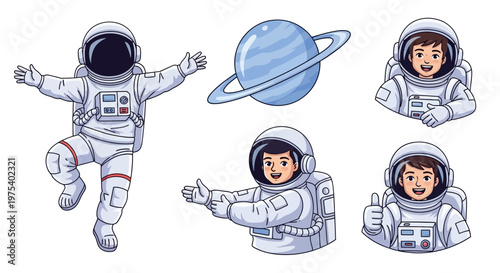 Illustrations celebrating the International Day of Human Space Flight featuring a cheerful astronaut floating in space with open arms, alongside different portraits and a distant planet