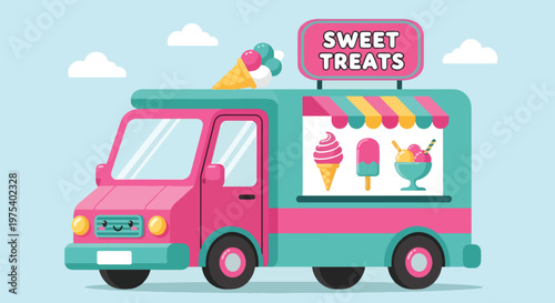 Cute Pixel Art Pink Sweet Treats Ice Cream Truck On Blue Sky Background