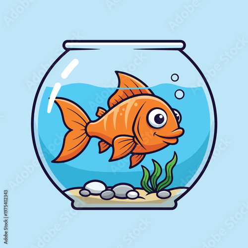 Cute Pixel Art Orange Goldfish Swimming In Glass Bowl Vector Design