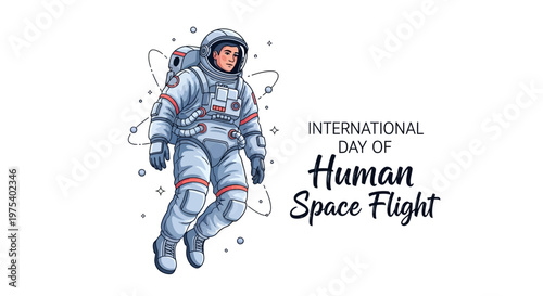 Detailed vector illustration commemorating International Day of Human Space Flight featuring an astronaut in a spacesuit floating in space with stars, against a clean white background