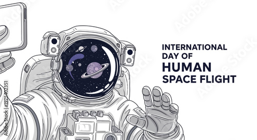 On International Day of Human Space Flight, a vector illustration depicts an astronaut in a spacesuit taking a selfie with a smartphone, showcasing space exploration awareness with a cosmic