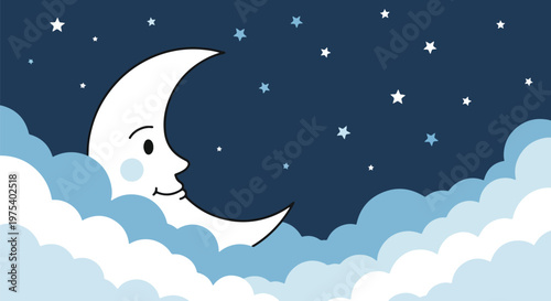 Cute Smiling Crescent Moon Resting On Fluffy Blue Clouds In Starry Night Sky