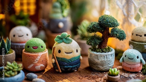 Charming miniature garden scene with cute handcrafted figurines and bonsai, perfect for whimsical home decor.