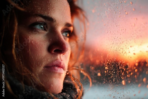 A thoughtful woman gazes through a rain-speckled window, capturing a serene sunset reflection.