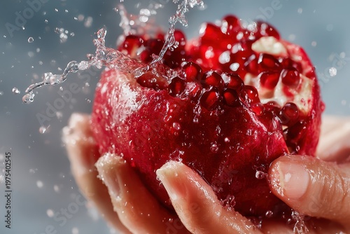 Dynamic close-up of a juicy pomegranate with water splashing, highlighting its vibrant color and freshness.