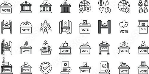 Election icons set, voting symbols, ballot box illustration, governance line art, democracy icons, civic participation graphics, political process silhouettes