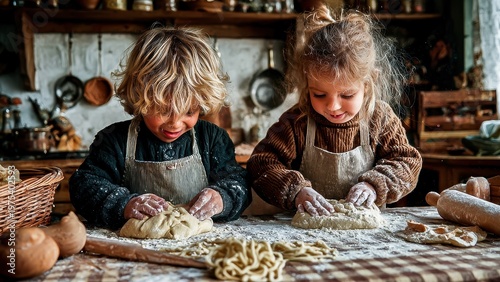 Two children joyfully kneading dough in a rustic kitchen, creating playful memories and culinary fun.