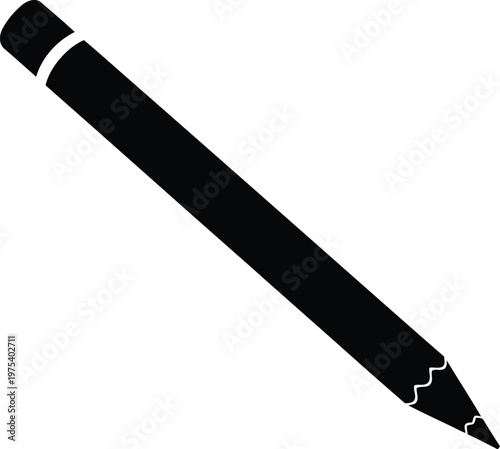 Black silhouette of sharp pencil with eraser for writing, drawing, sketching, office supplies, stationery