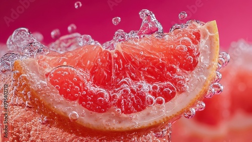 Vibrant grapefruit slice submerged in sparkling water, capturing refreshing bubbles and juicy textures in vivid detail.