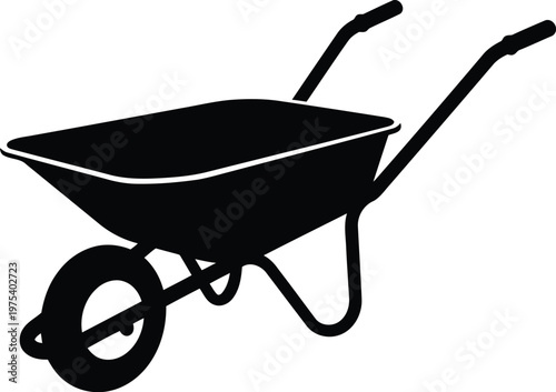Black silhouette of garden wheelbarrow with single wheel and two handles for carrying objects and moving heavy loads