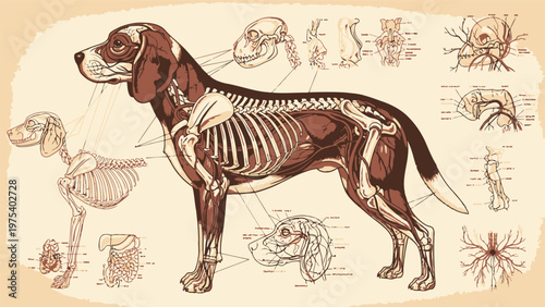 Detailed anatomical illustration of dog skeleton and muscles showing internal structure digestive system cardiovascular nervous system