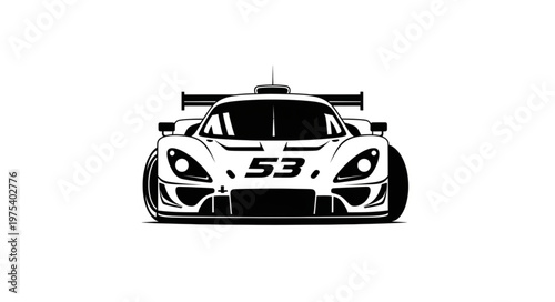 Front View of a Sleek White Racing Car with Number 53.