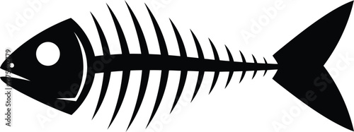 Black silhouette of a fish skeleton with fins and tail, isolated on a gray checkered background