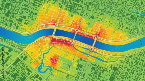 Aerial thermal map of an urban area with river crossings and infrastructure isolated on white background