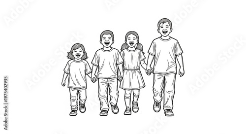 Four happy children walking hand in hand, black and white sketch.