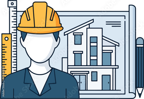 Faceless Engineer With Yellow Helmet And Blueprint Illustration