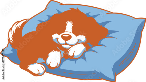 Cute cartoon puppy sleeping in a soft bed, happy dog illustration on transparent background