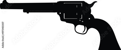 Silhouette of classic revolver gun, antique firearm, weapon symbol for western, historical, or action theme on transparent background