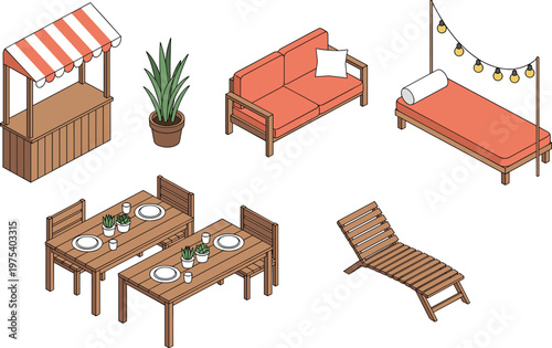 Isometric outdoor furniture set, wooden garden dining tables, sofa lounge chair, market stall kiosk, backyard patio decor elements, summer terrace lifestyle vector illustration, isolated icons.