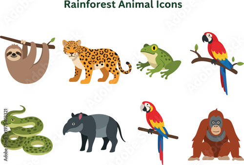 Collection of various rainforest animal icons including a sloth, leopard, frog, parrot, snake, tapir, and orangutan