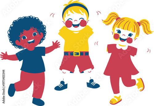 Colorful cartoon children dancing with joy, expressing happiness and fun on a transparent background