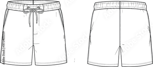Black and white technical flat sketch of shorts showing front and back views with elastic waistband, drawstring tie, seam stitching, and side pocket design for fashion apparel