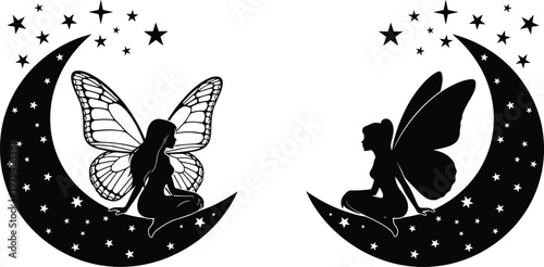 Magical fairy silhouette sitting on crescent moon with stars, butterfly wings fantasy girl vector, mythical creature dreamland illustration, celestial night sky mystical enchanting nursery wall art.