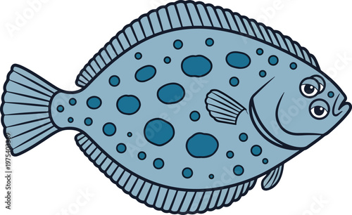 Flat Blue Cartoon Flounder Fish With Dark Spots Isolated Illustration