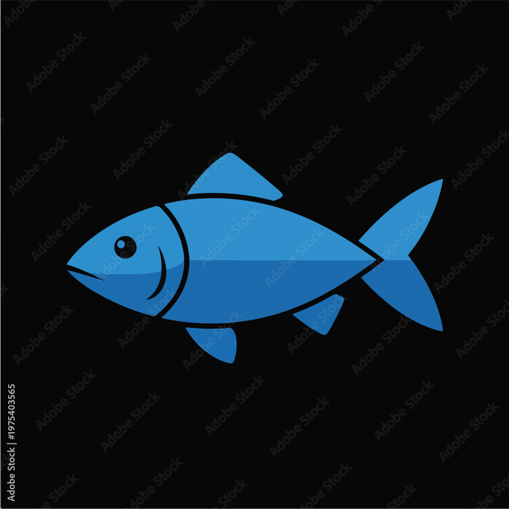 Fototapeta premium Flat Blue Fish Vector Icon Isolated On Black Background