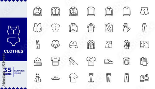 Clothes line icons set. Clothes editable stroke icons. Fashion icons. T-shirt, Pants, Jacket, Dress, Short, Shoe, Editable stroke. Vector illustration