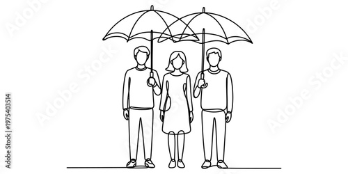 A simple line drawing of two men and one woman standing together under their own protective umbrellas Vector, illustration